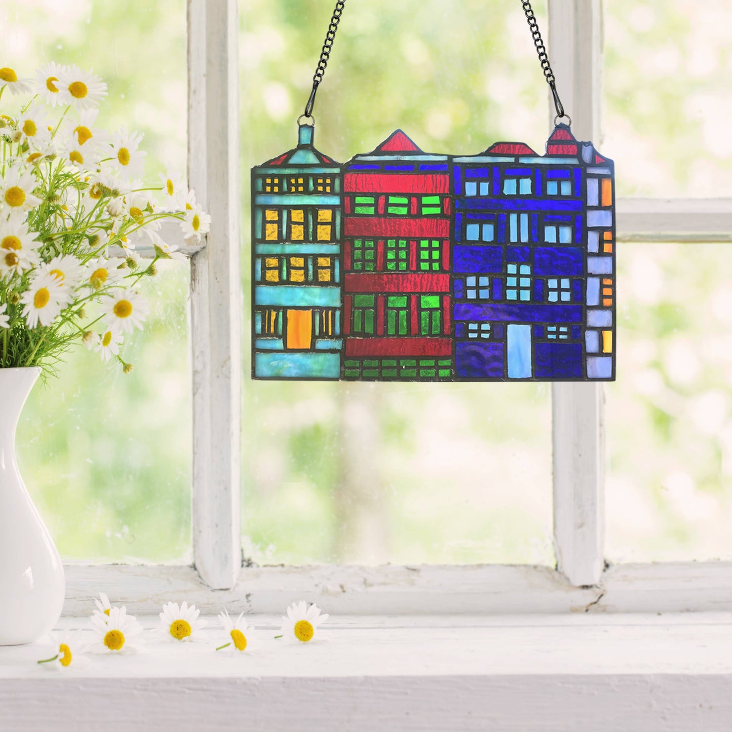 6"H Row House Skyline Multicolor Stained Glass Window Panel
