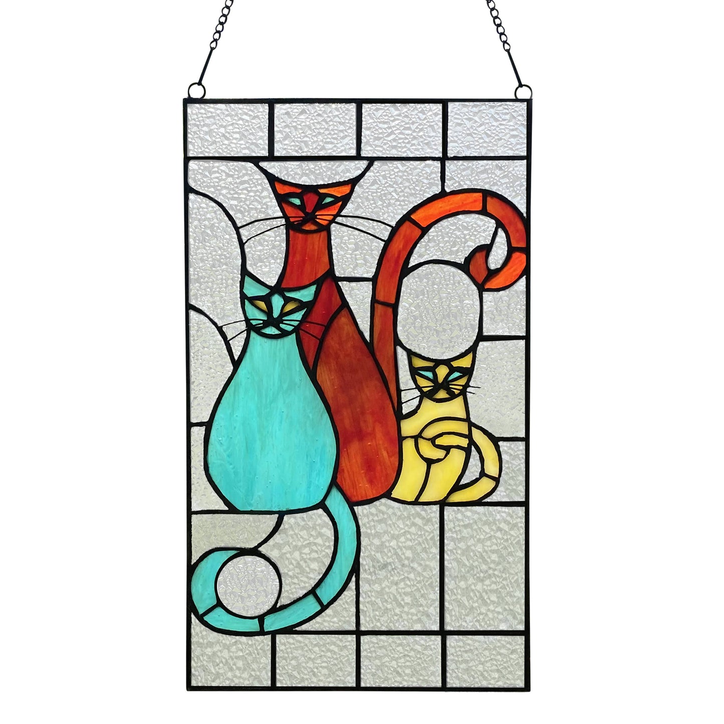 14"H Coy Cats Trio Stained Glass Window Panel