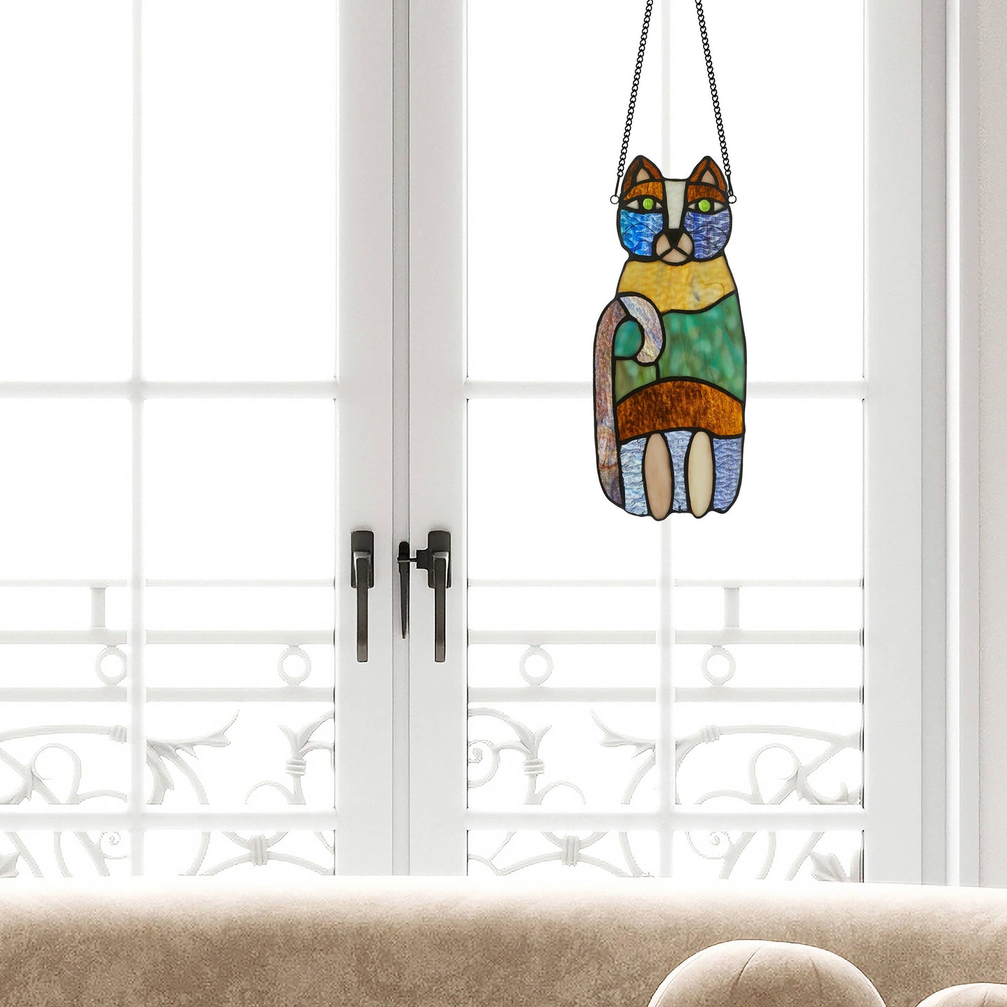 13"H Cecilia the Cat Multicolor Stained Glass Window Panel