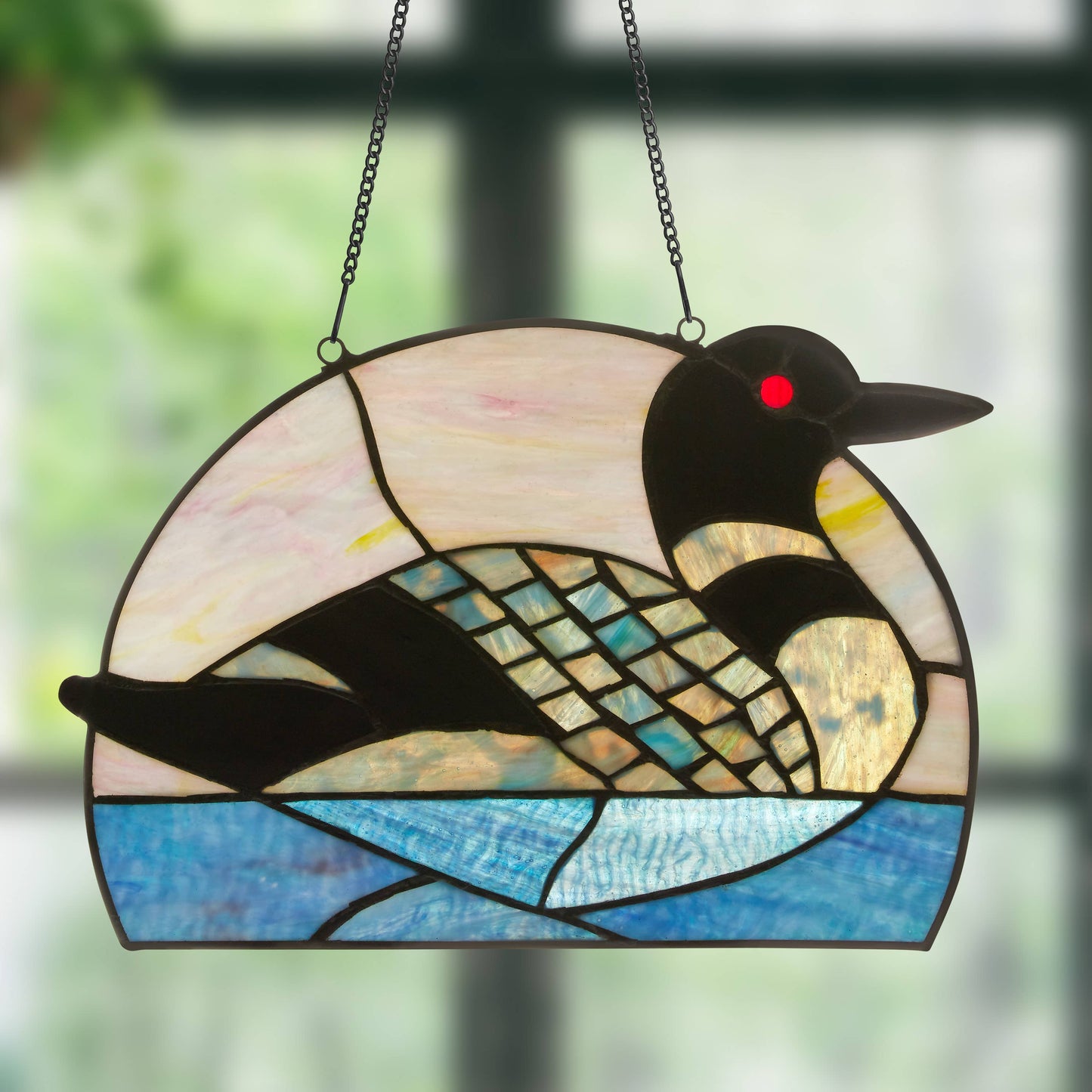 9.5"H Swimming Loon Stained Glass Window Panel