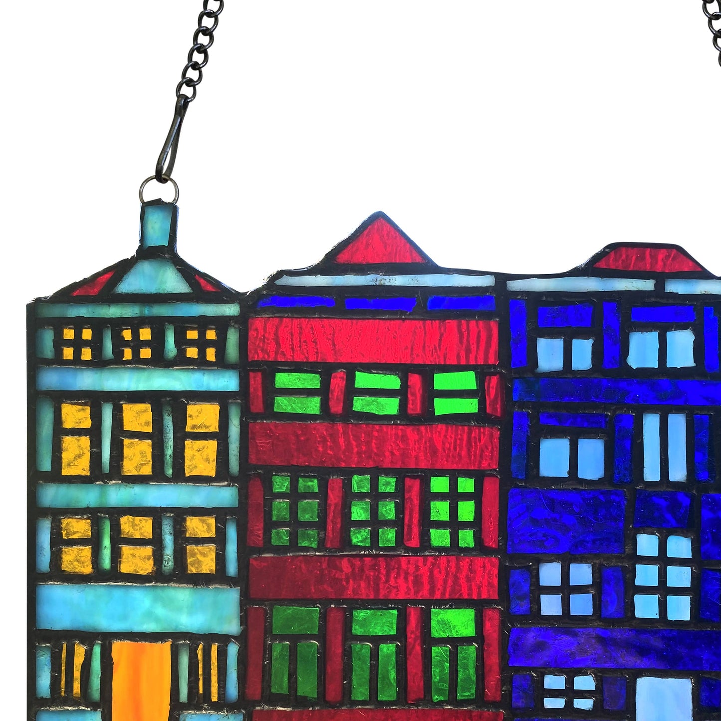 6"H Row House Skyline Multicolor Stained Glass Window Panel