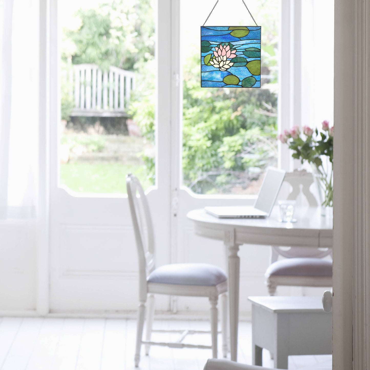 12"H Blue Lotus Pond Stained Glass Window Panel