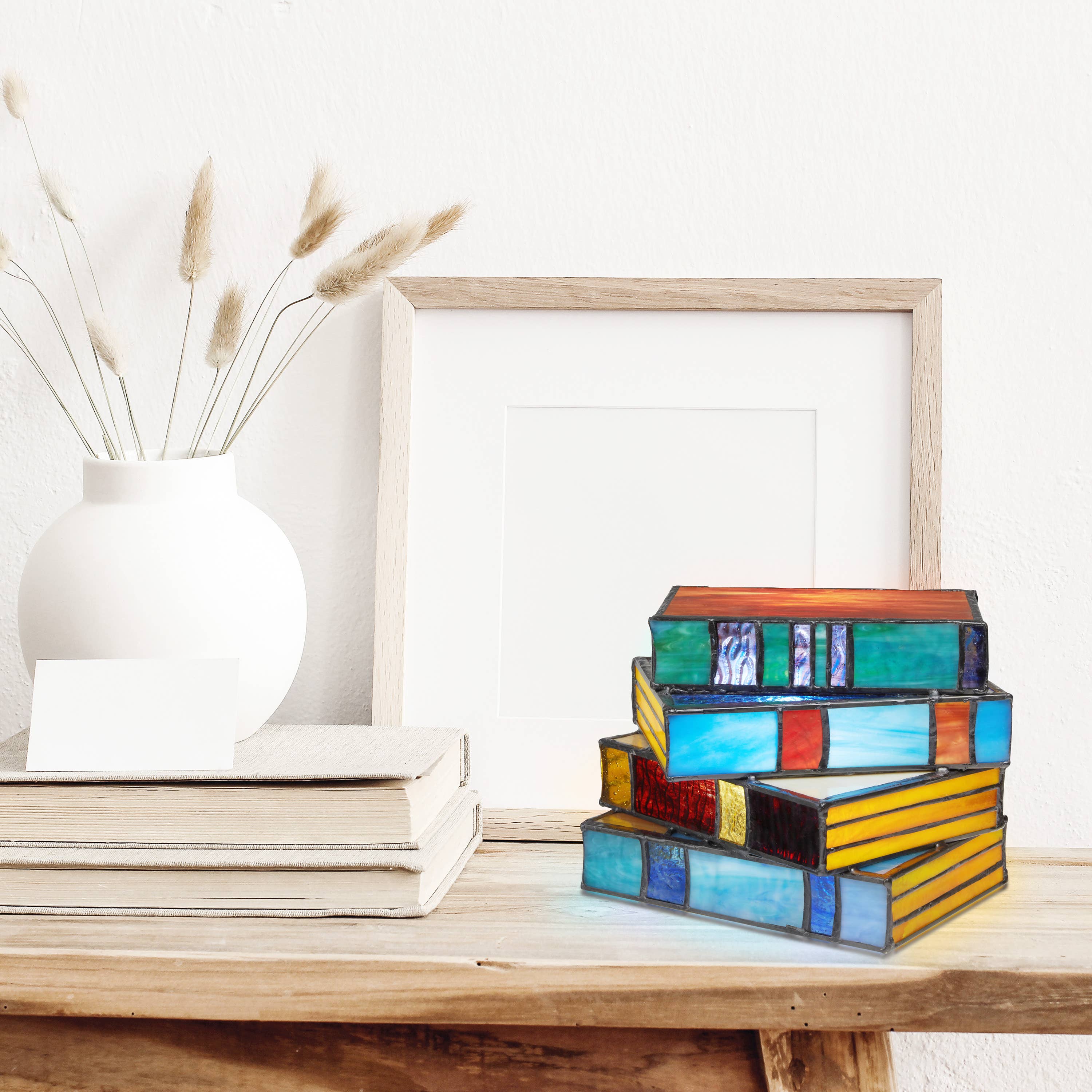 5.75"H Multi-Colored Book Stack Stained Glass Accent Lamp