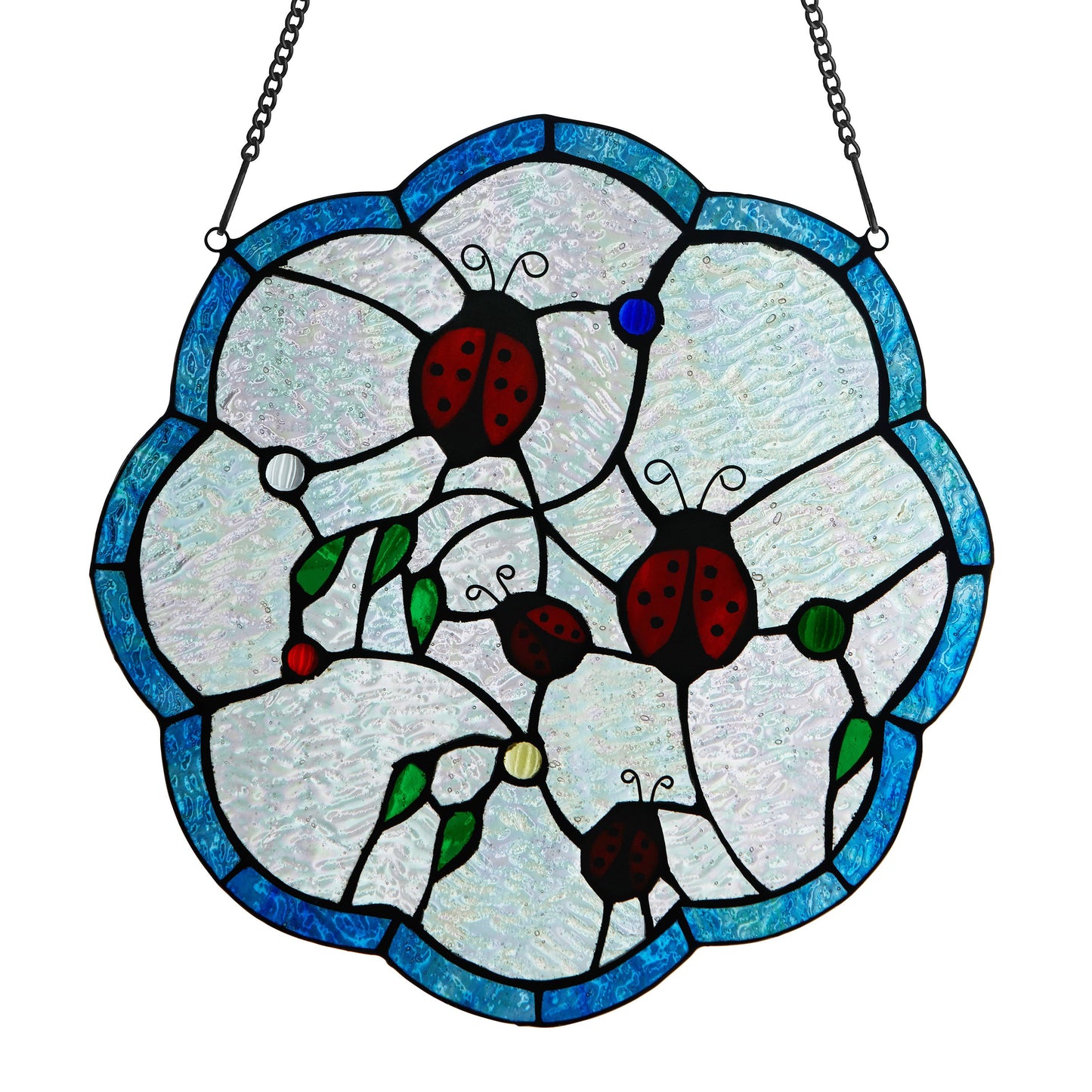 12"H Ladybugs Round Stained Glass Window Panel