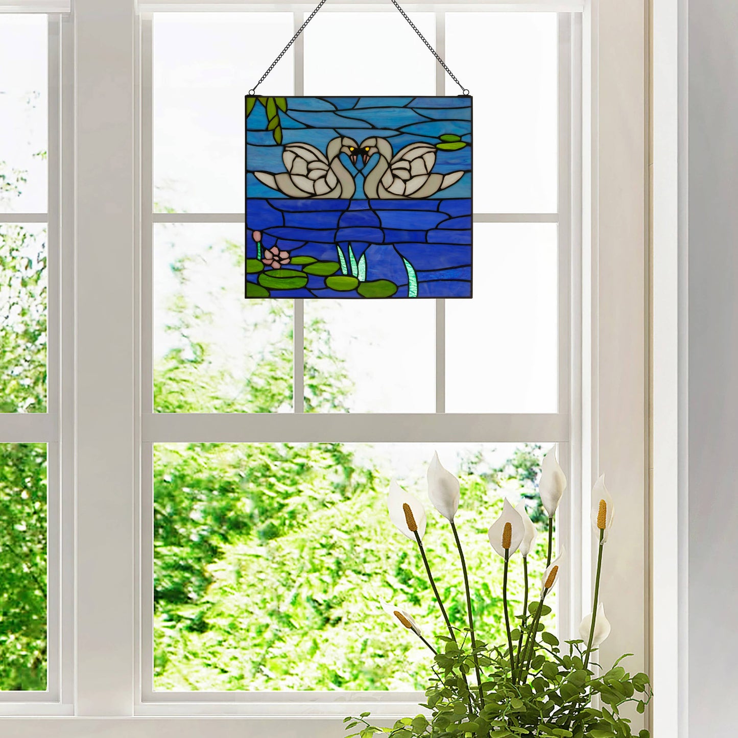 14"H Romantic White Swans Stained Glass Window Panel