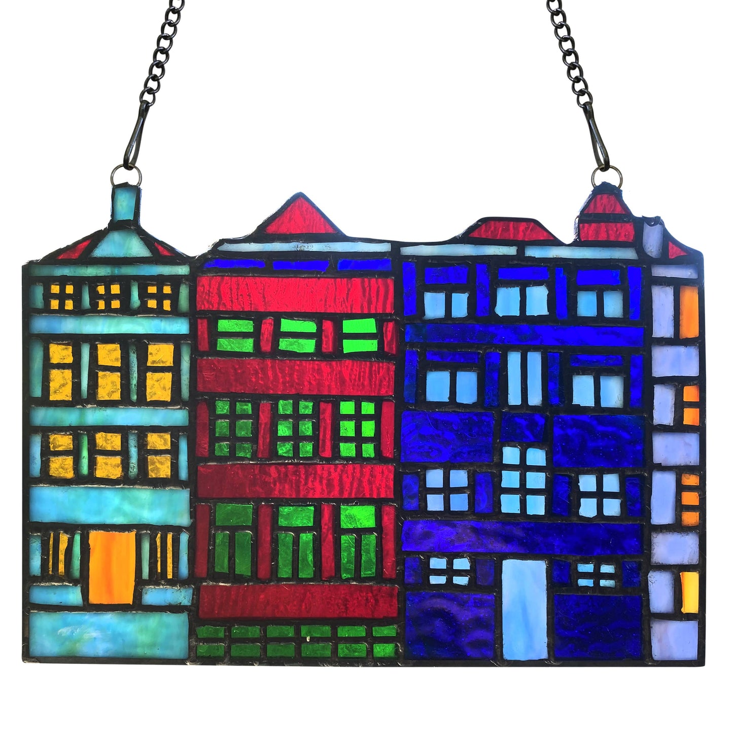 6"H Row House Skyline Multicolor Stained Glass Window Panel