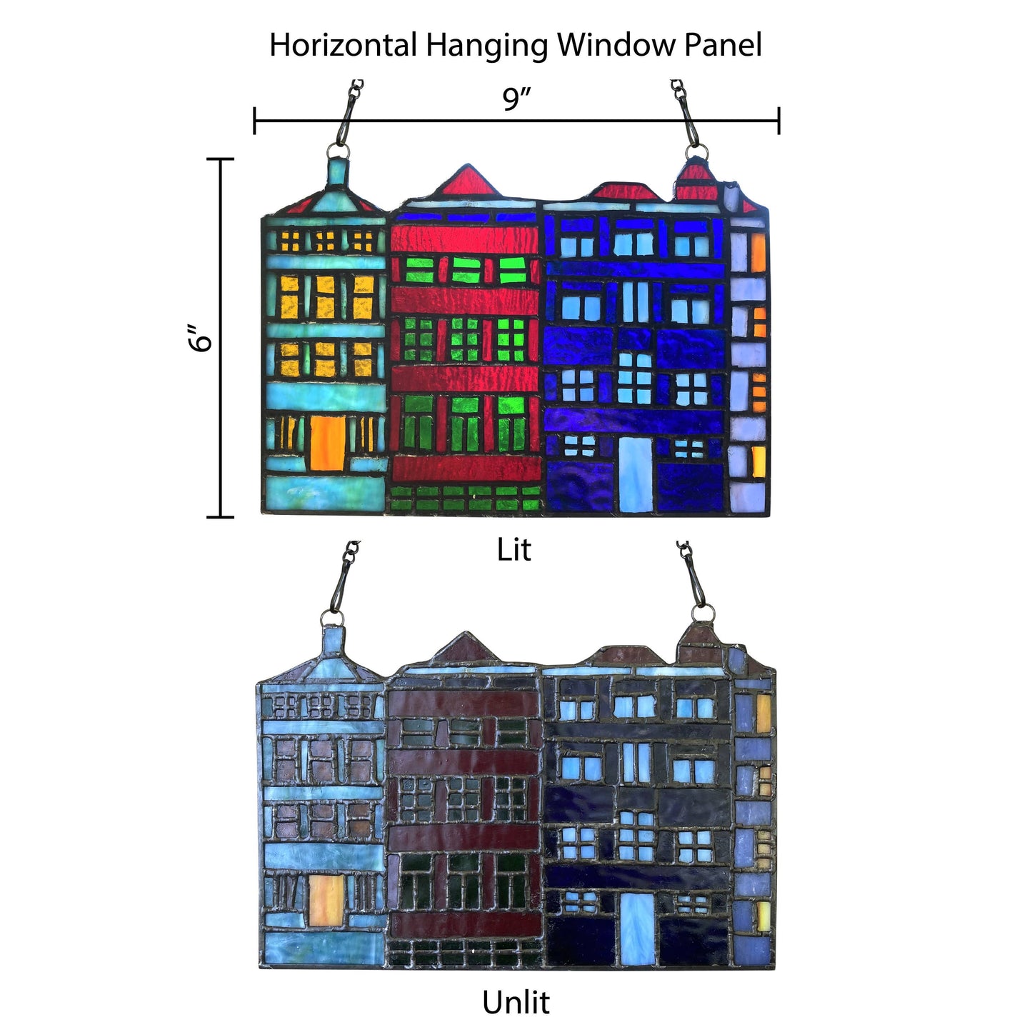 6"H Row House Skyline Multicolor Stained Glass Window Panel