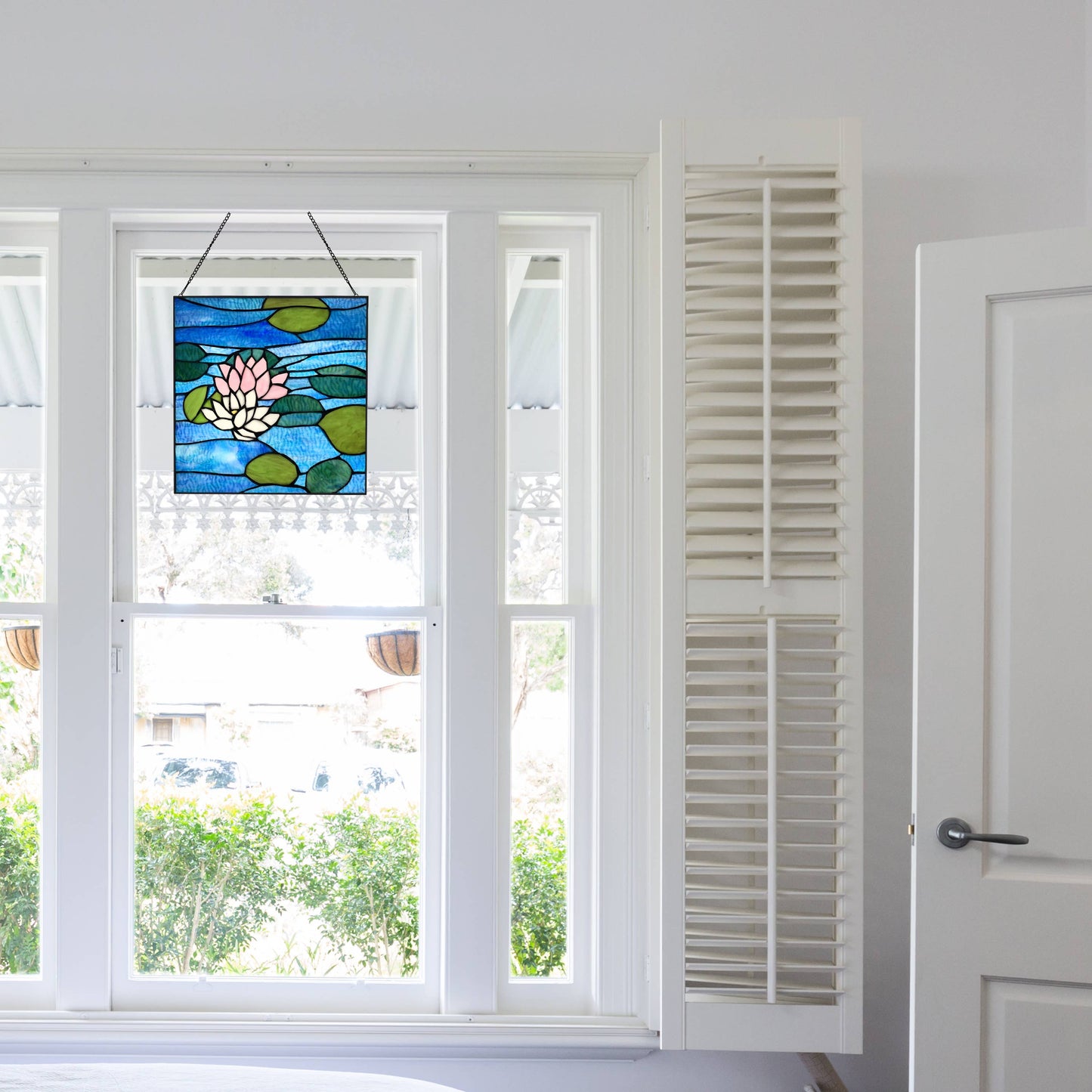 12"H Blue Lotus Pond Stained Glass Window Panel