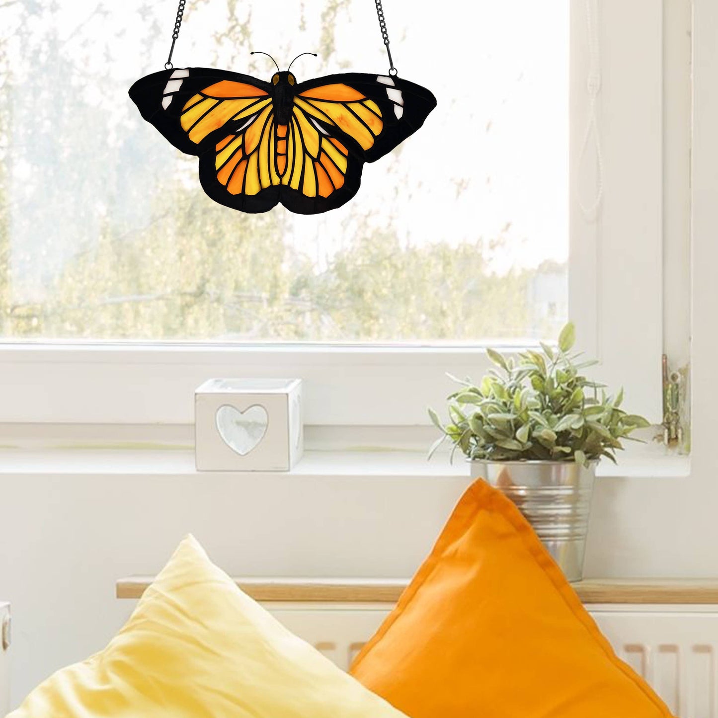 6.5"H Yellow & Orange Butterfly Stained Glass Window Panel