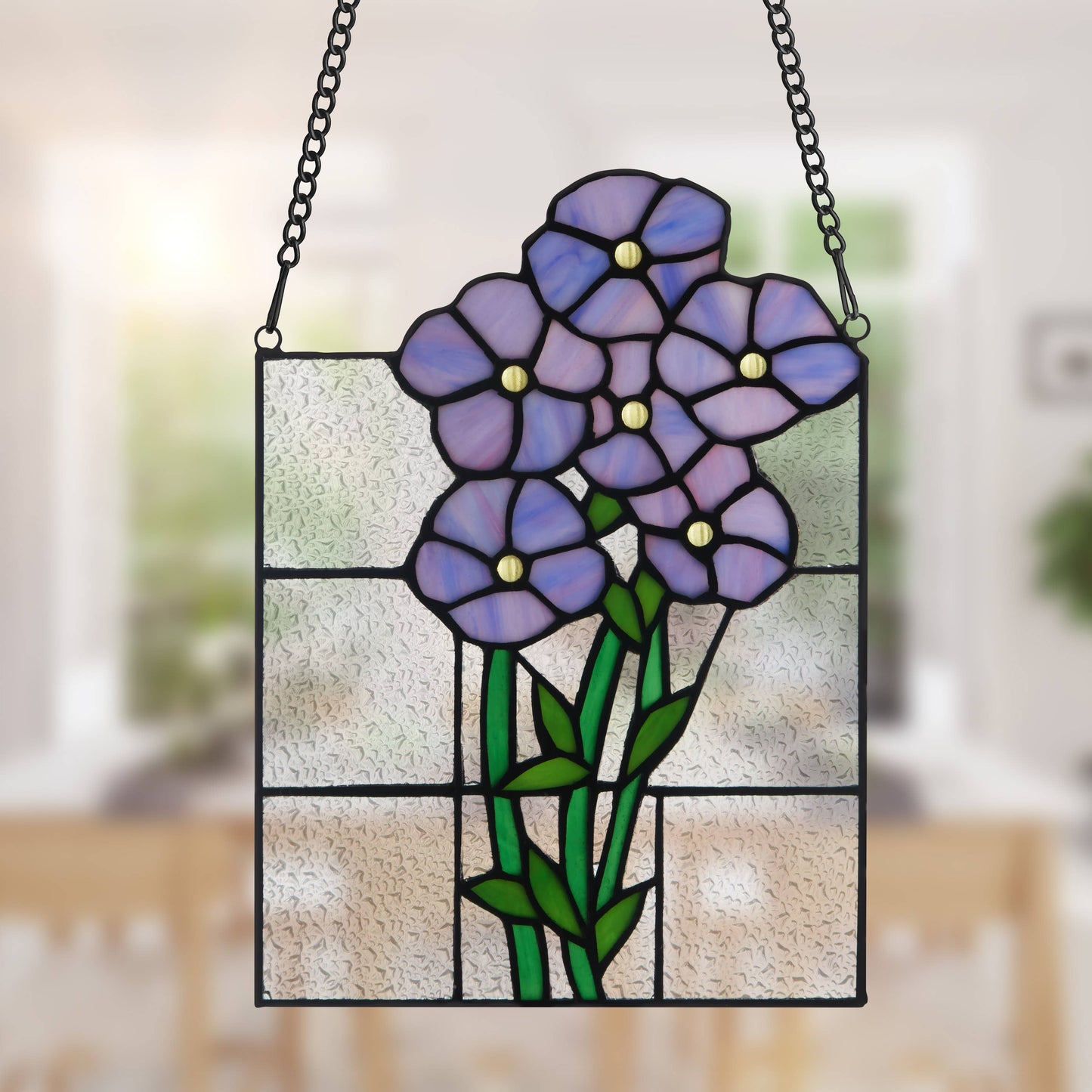 10"H Forget Me Not Purple Flowers Stained Glass Window Panel