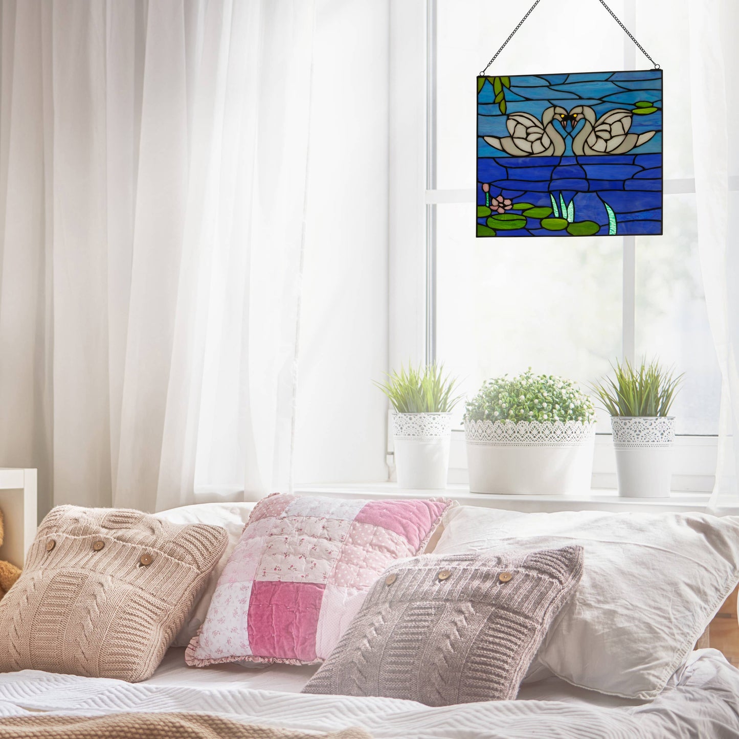 14"H Romantic White Swans Stained Glass Window Panel