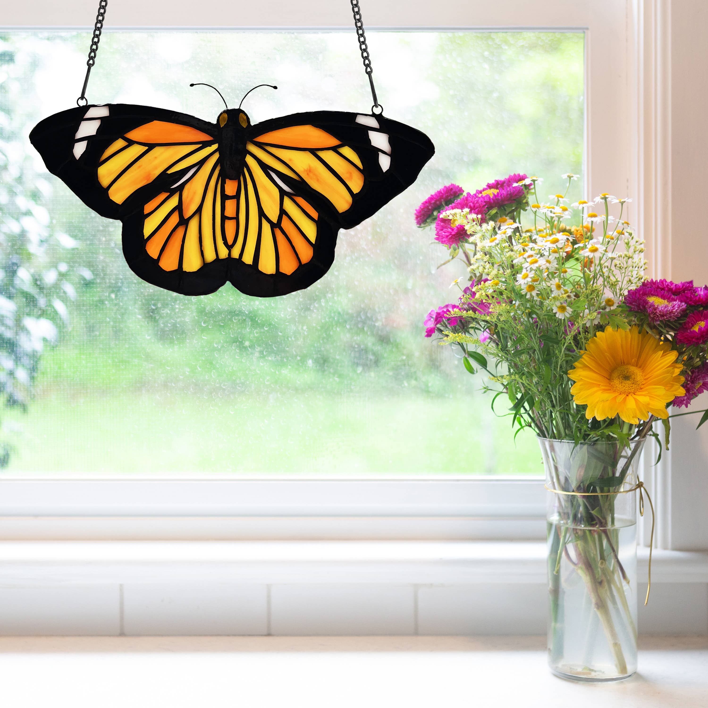 6.5"H Yellow & Orange Butterfly Stained Glass Window Panel