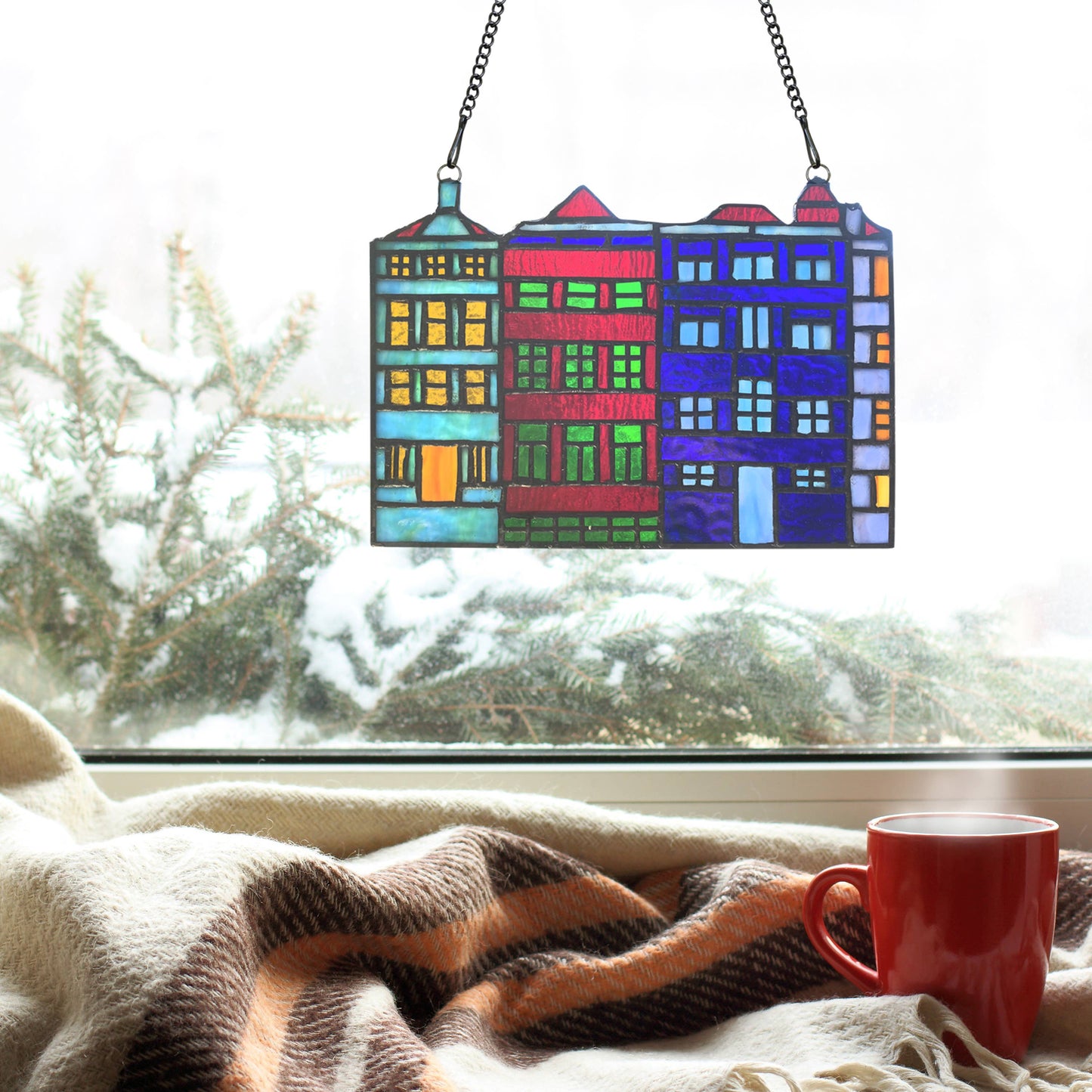 6"H Row House Skyline Multicolor Stained Glass Window Panel