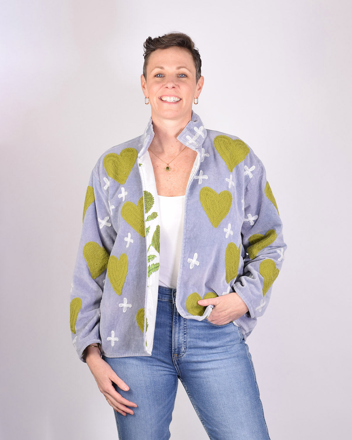 Adore Me Embroidered Velvet Jacket - Light Grey