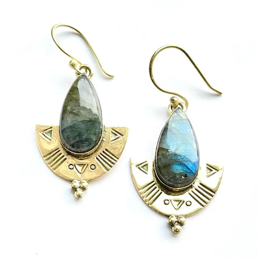 Brass Etched Labradorite Shield Earring