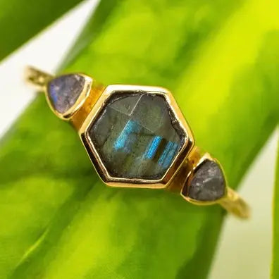 Brass Labradorite Hexagon Ring