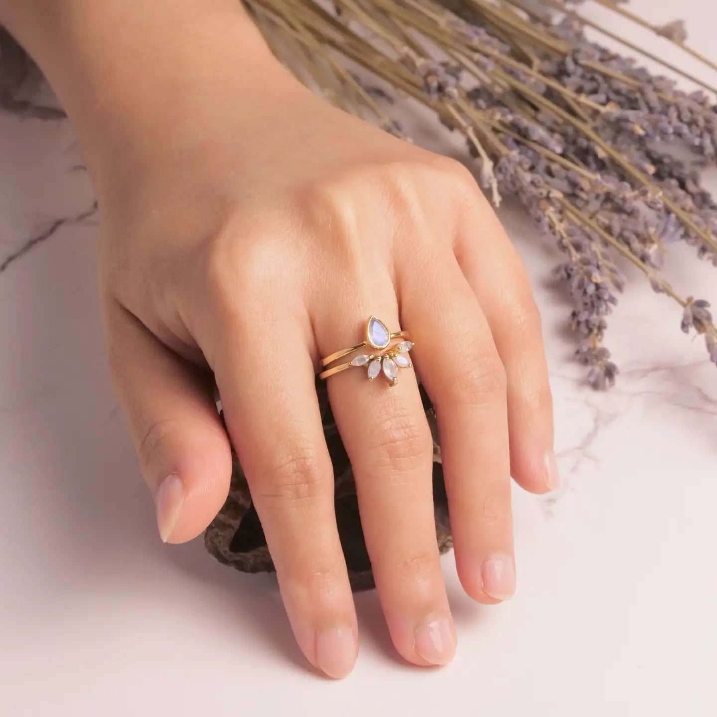 Brass Nestled Moonstone Ring Set