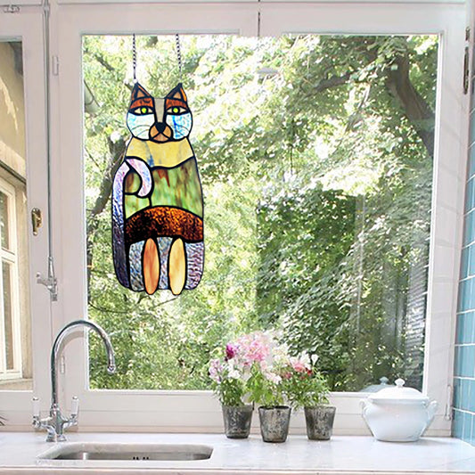 Cecilia the Cat Multicolor Stained Glass Window Panel