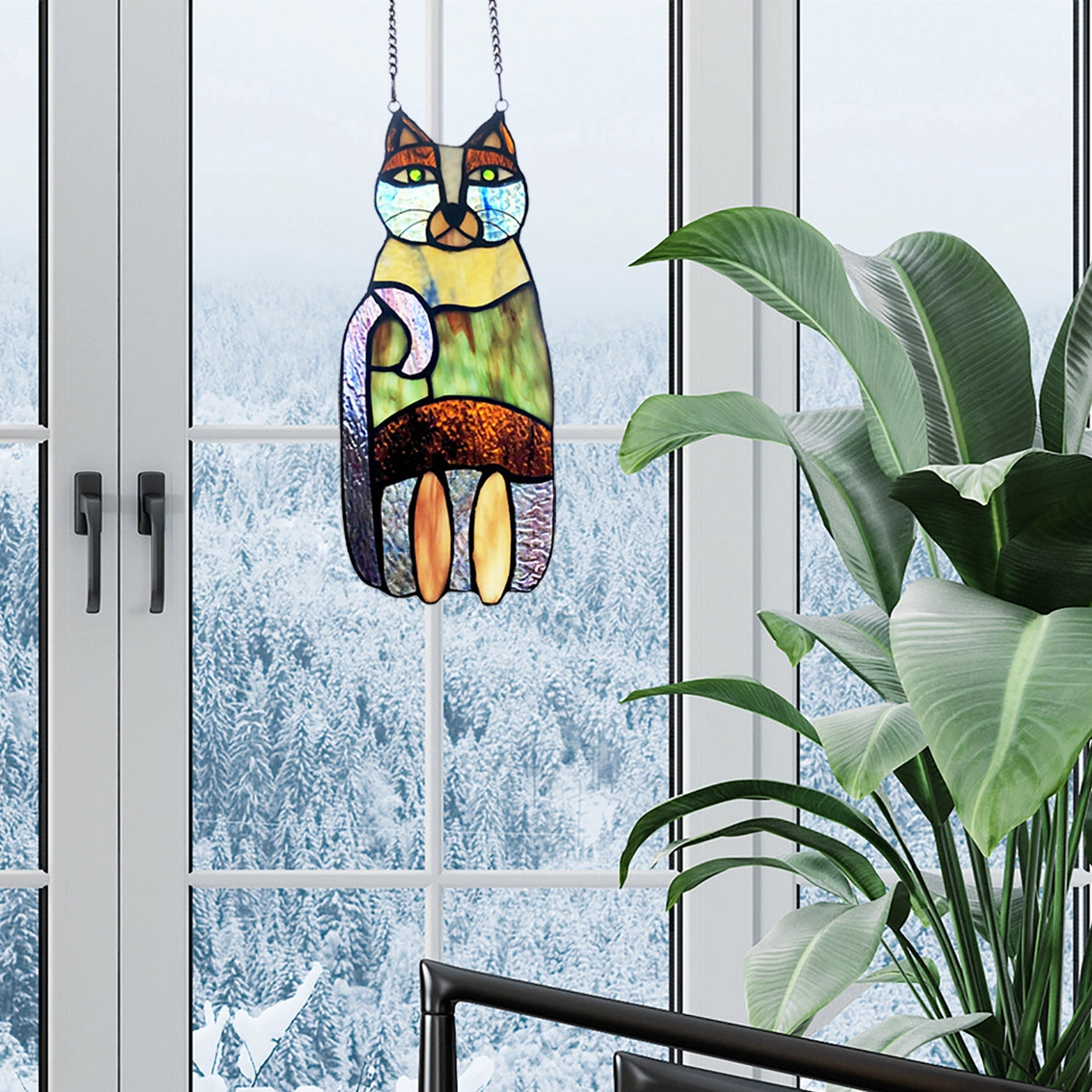 Cecilia the Cat Multicolor Stained Glass Window Panel