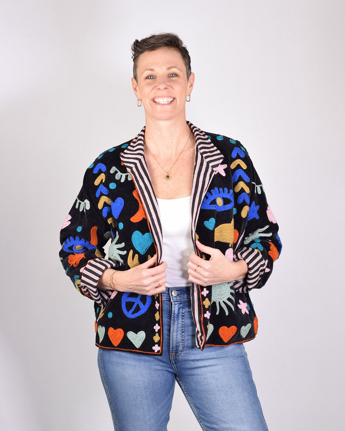 Good Vibes Embroidered Velvet Jacket - Black