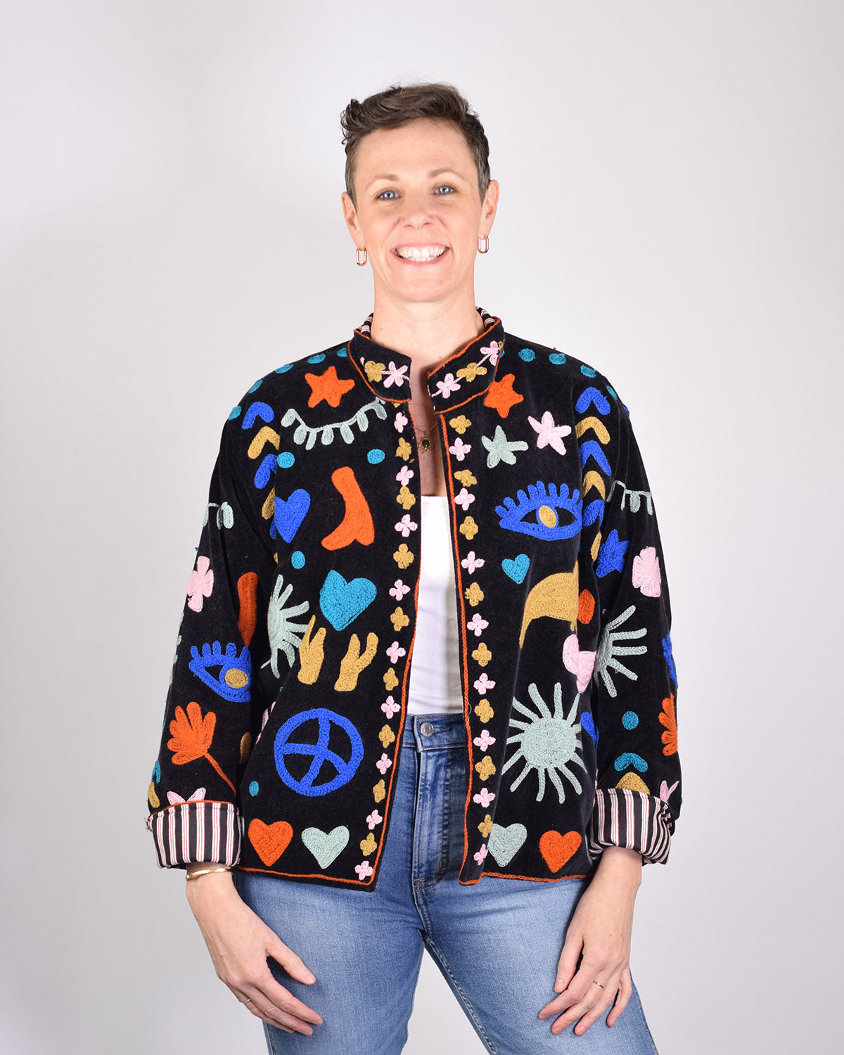 Good Vibes Embroidered Velvet Jacket - Black