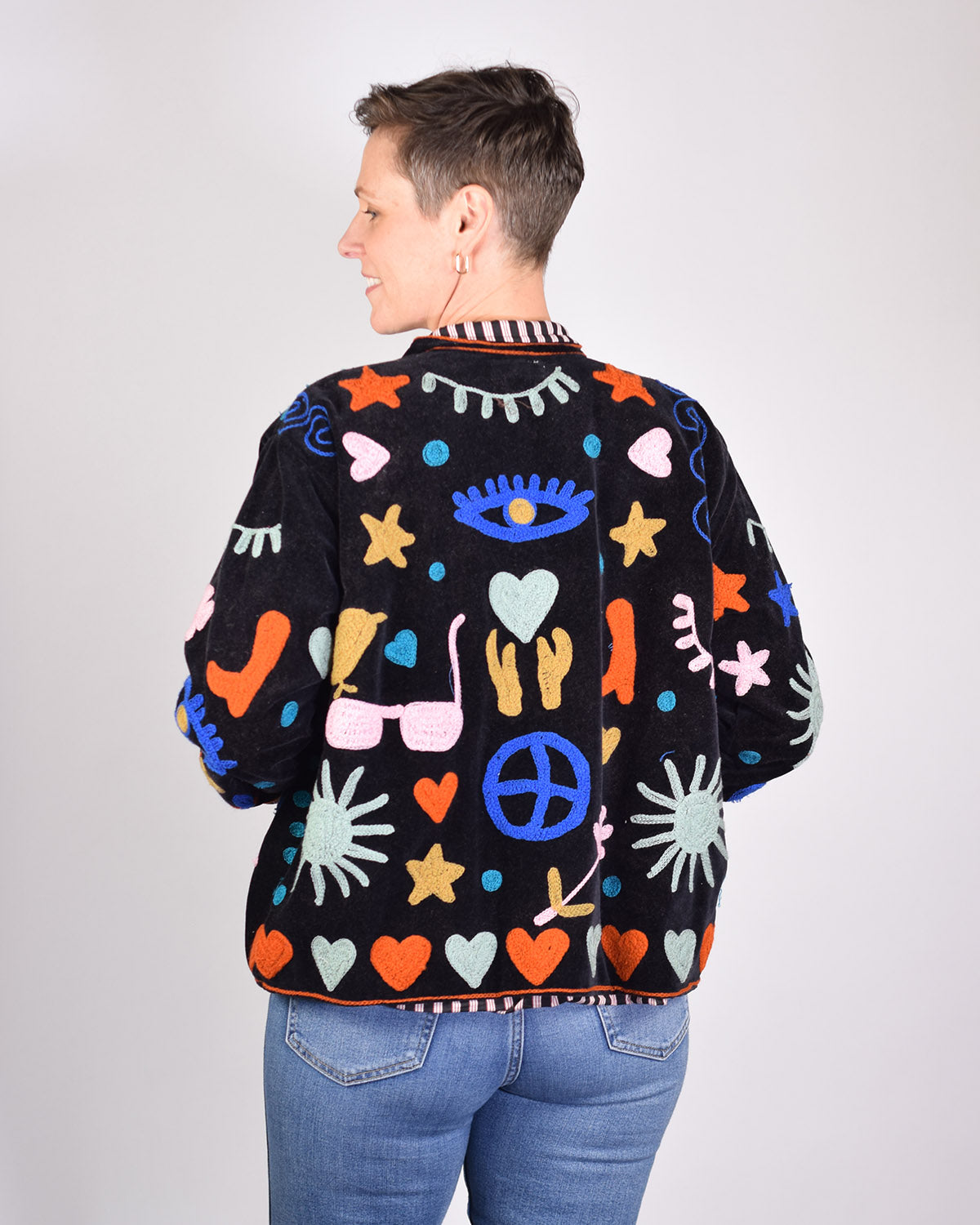 Good Vibes Embroidered Velvet Jacket - Black