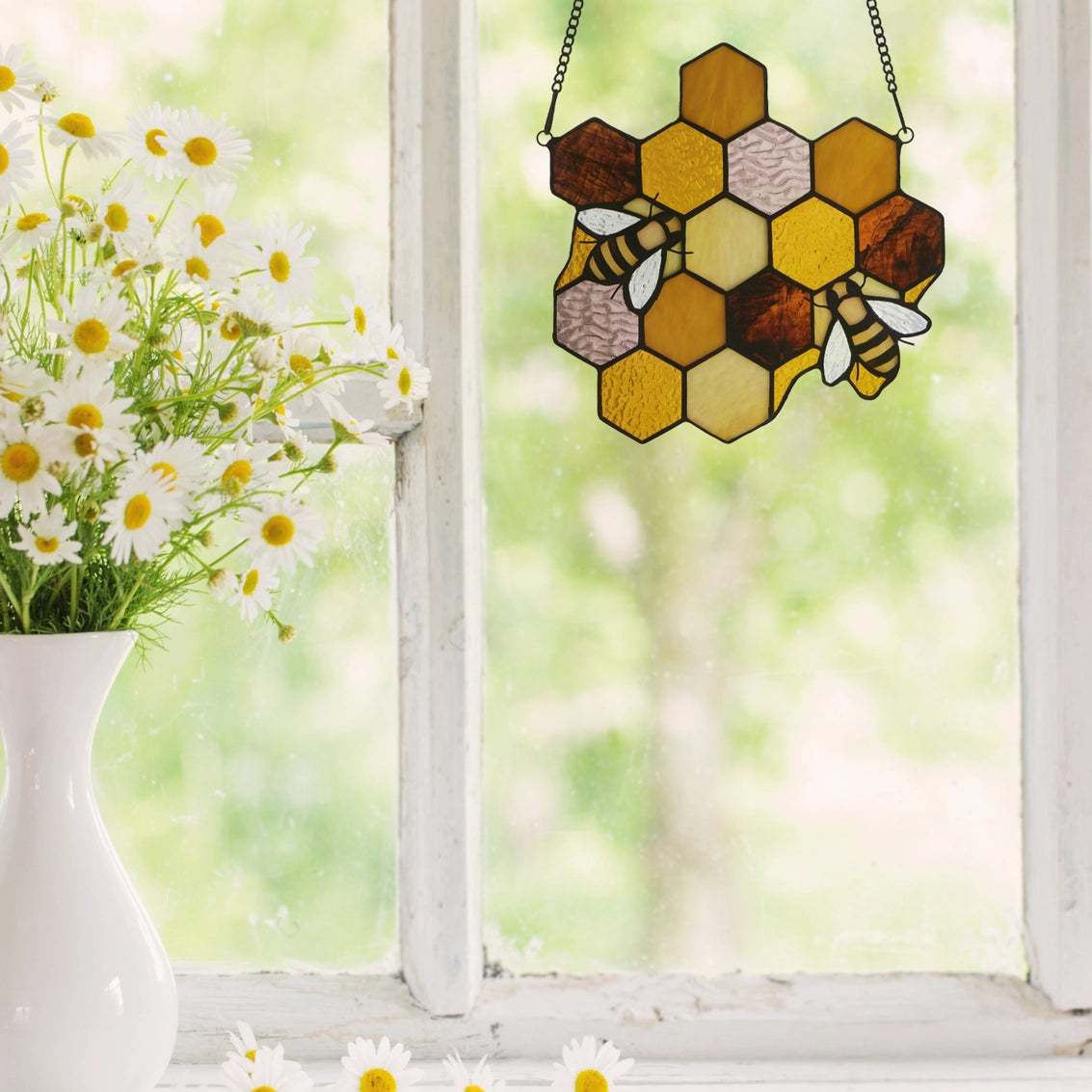 8.25"H Cassie Honeycomb Bees Stained Glass Window Panel