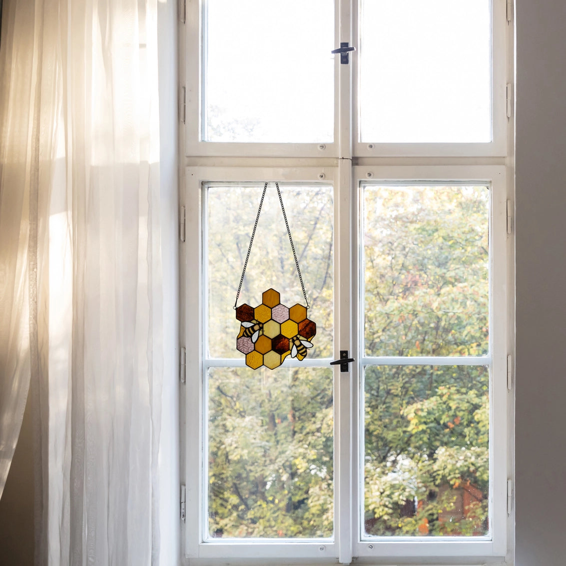 8.25"H Cassie Honeycomb Bees Stained Glass Window Panel