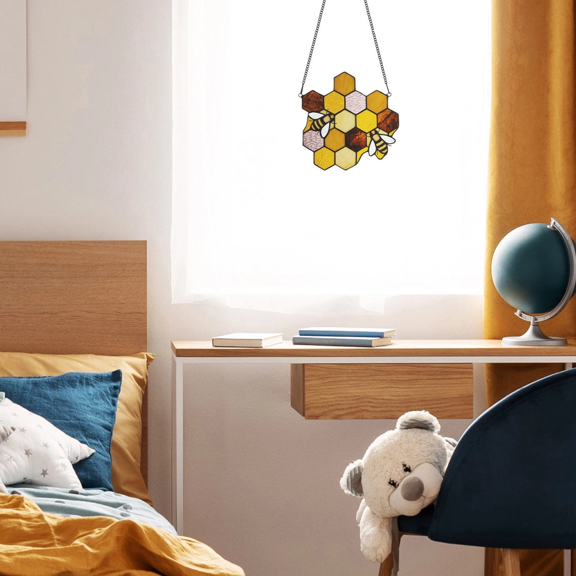 8.25"H Cassie Honeycomb Bees Stained Glass Window Panel