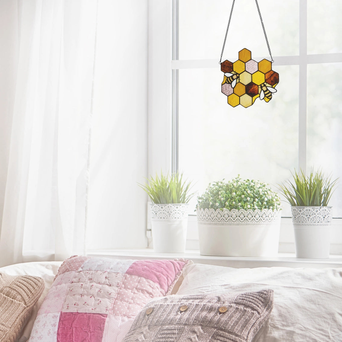 8.25"H Cassie Honeycomb Bees Stained Glass Window Panel