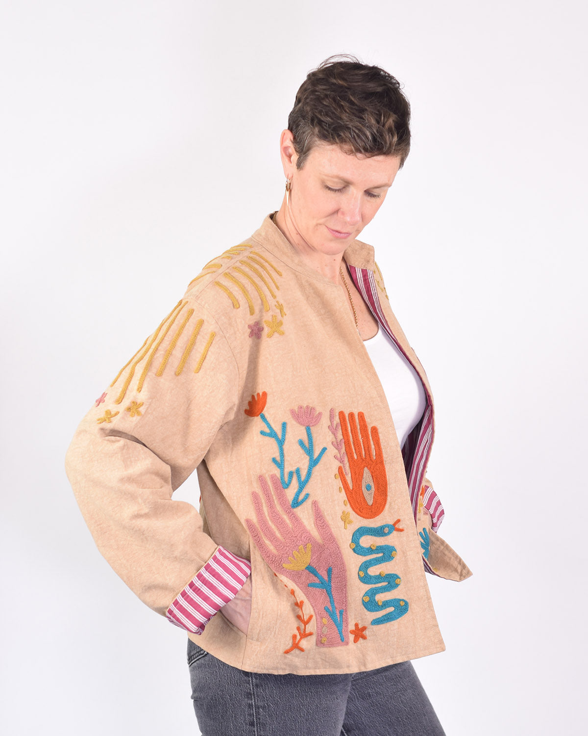 Lightweight "Peace & Love" Canvas Embroidered Jacket - Cream