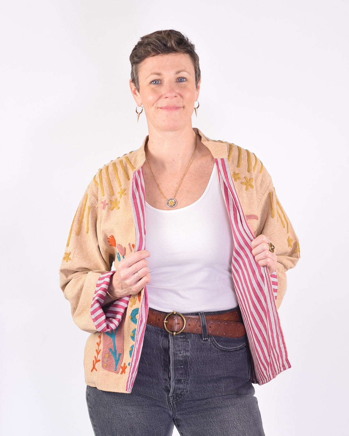 Lightweight "Peace & Love" Canvas Embroidered Jacket - Cream