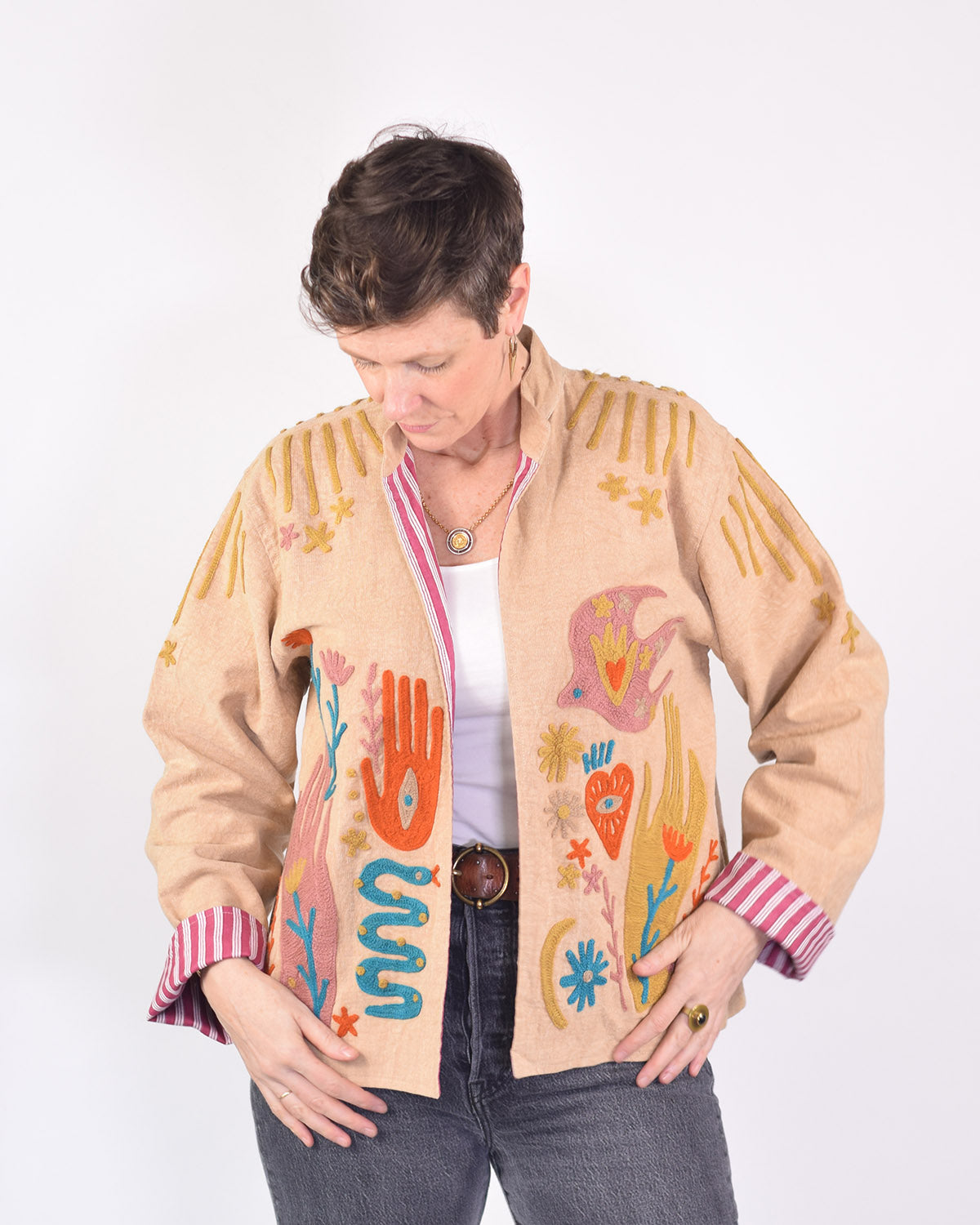 Lightweight "Peace & Love" Canvas Embroidered Jacket - Cream