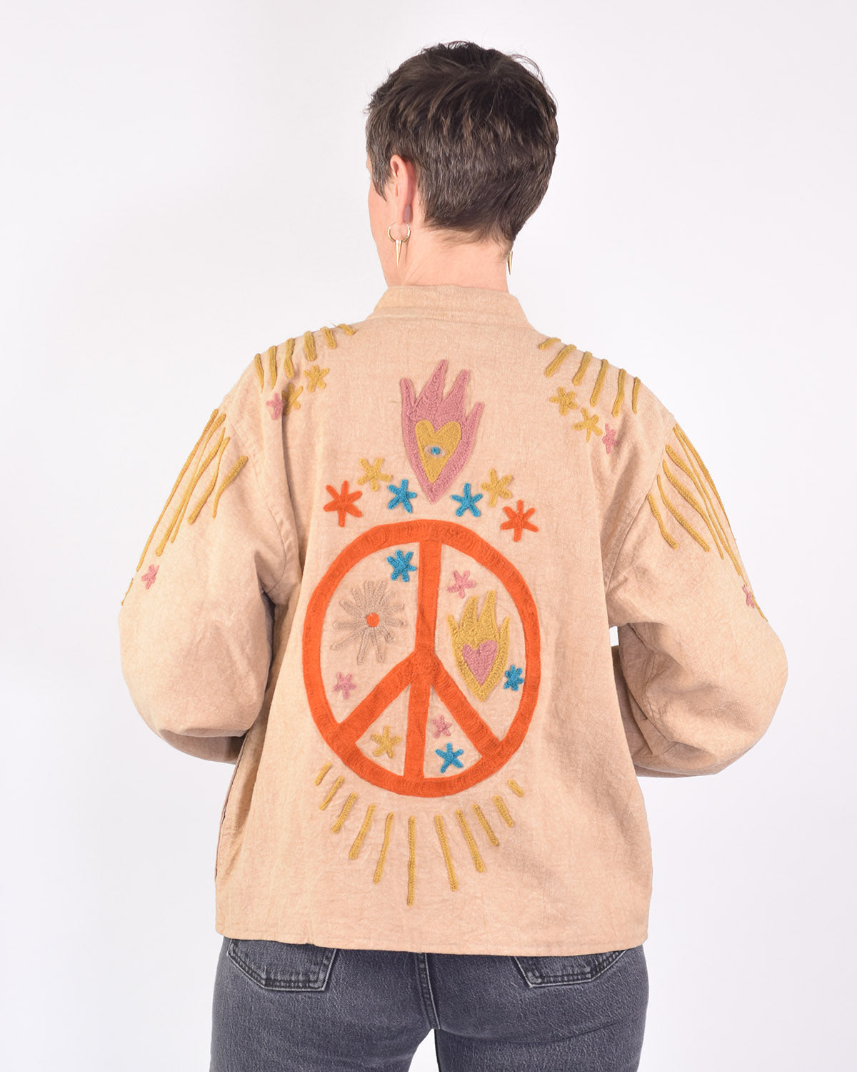 Lightweight "Peace & Love" Canvas Embroidered Jacket - Cream