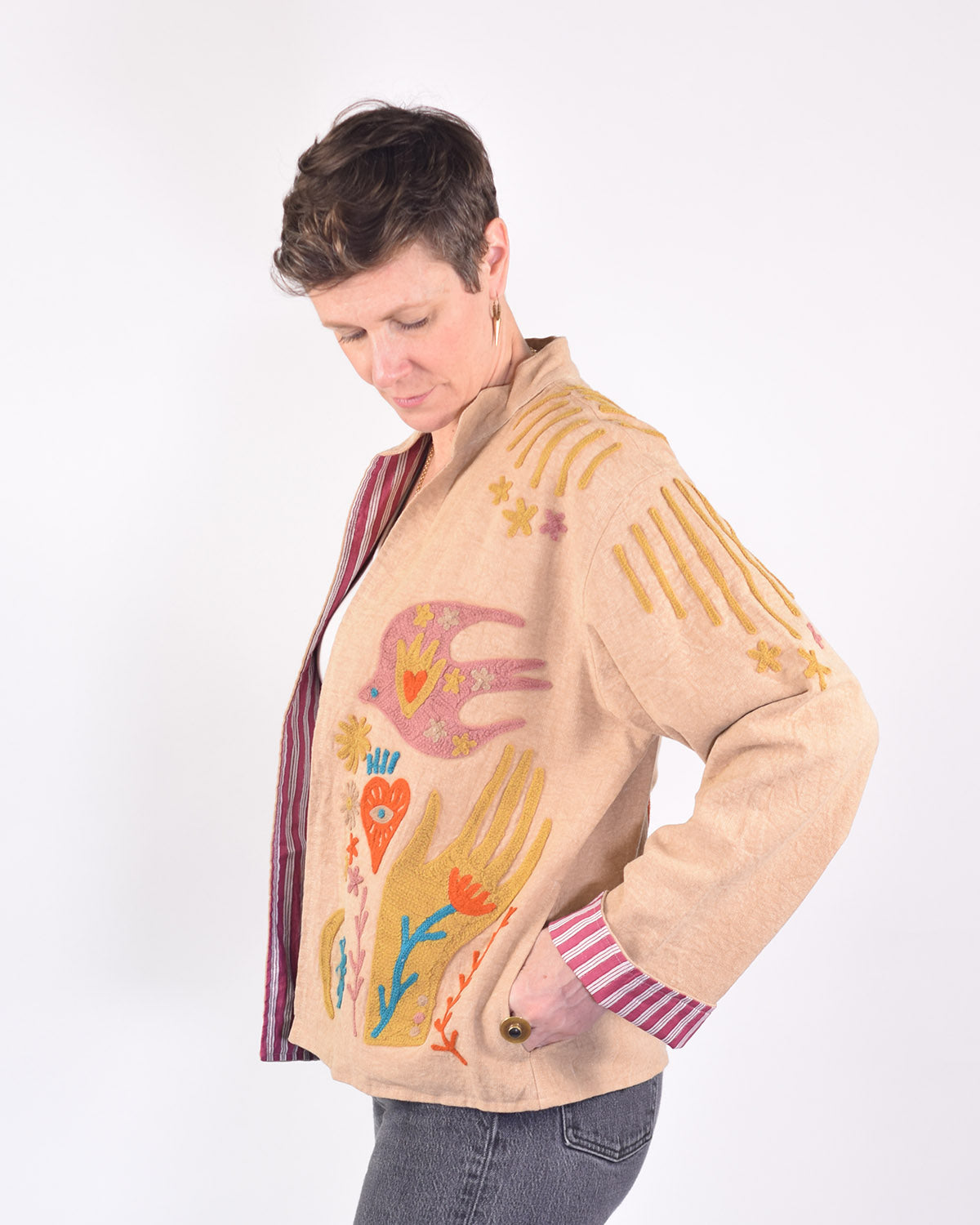 Lightweight "Peace & Love" Canvas Embroidered Jacket - Cream