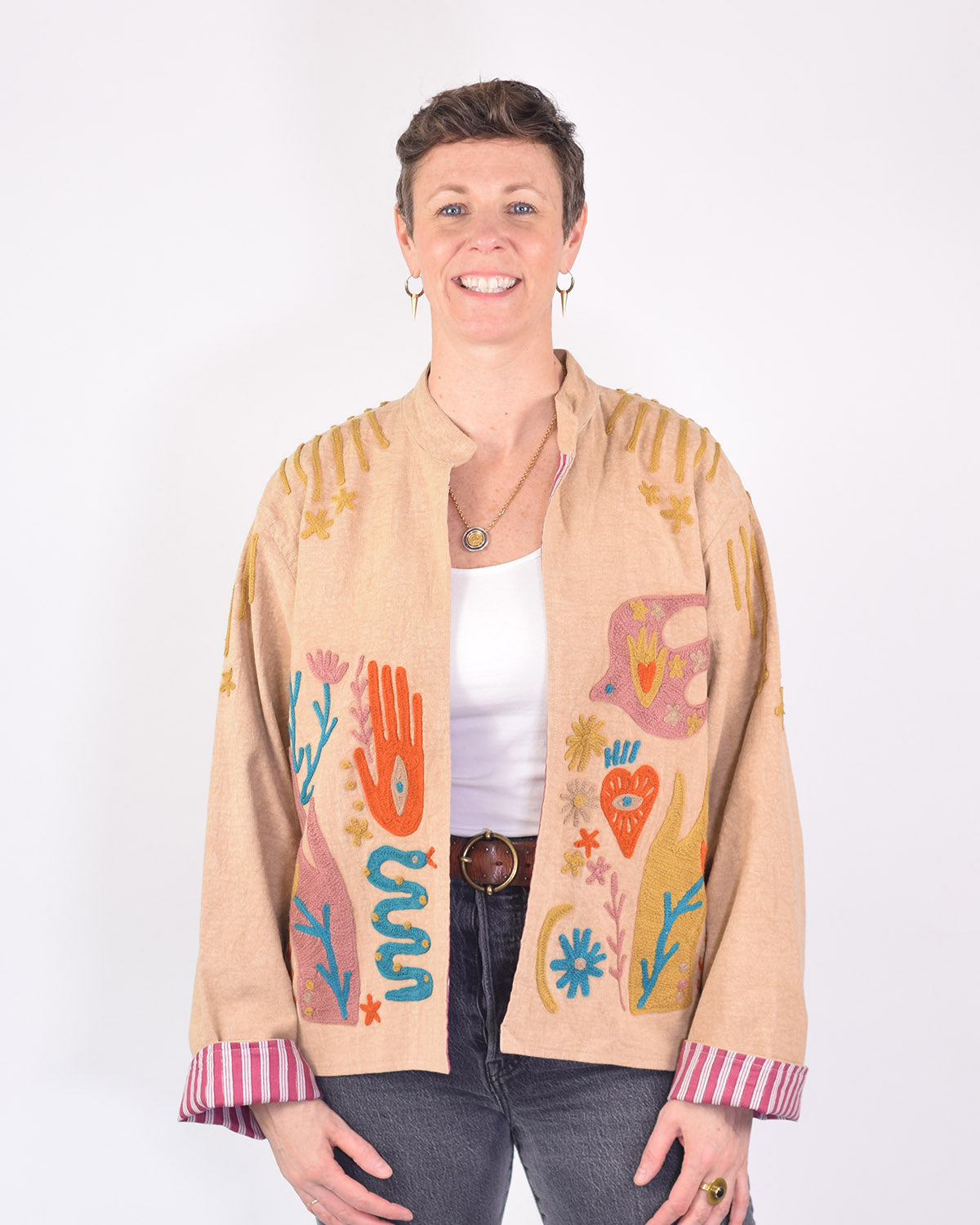 Lightweight "Peace & Love" Canvas Embroidered Jacket - Cream