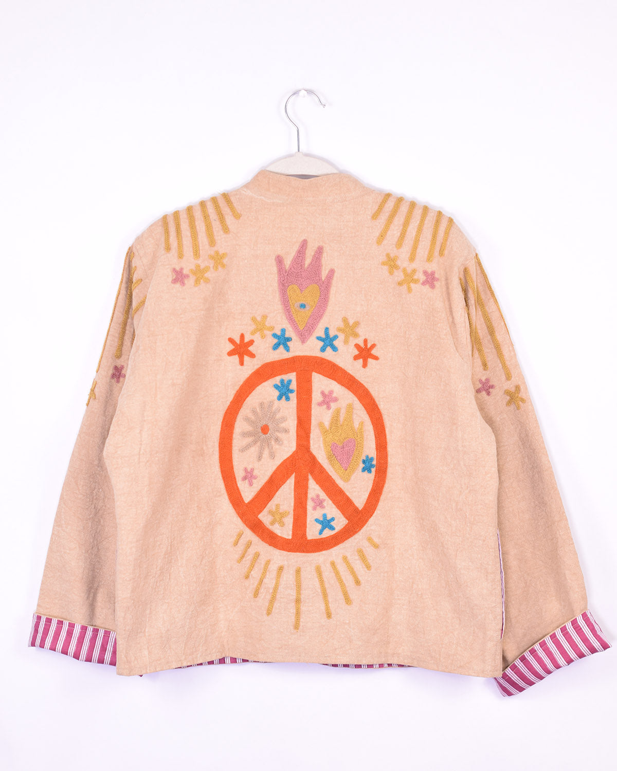Lightweight "Peace & Love" Canvas Embroidered Jacket - Cream