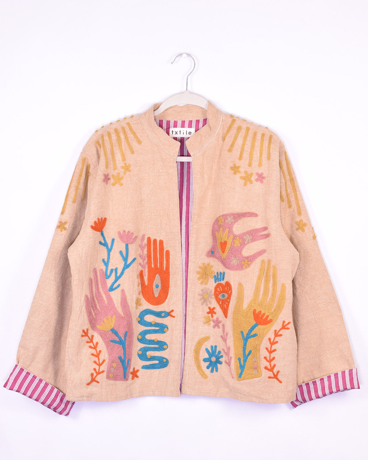 Lightweight "Peace & Love" Canvas Embroidered Jacket - Cream
