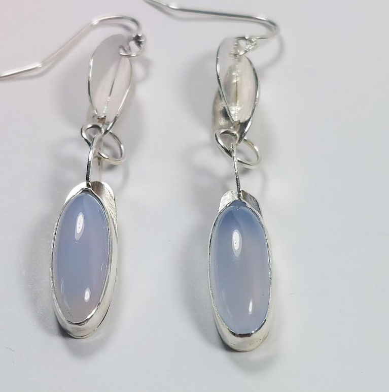 Silver Dangles with Long Oval Blue Chalcedony Cabs