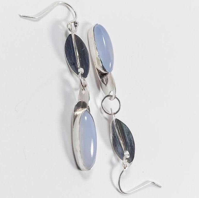 Silver Dangles with Long Oval Blue Chalcedony Cabs