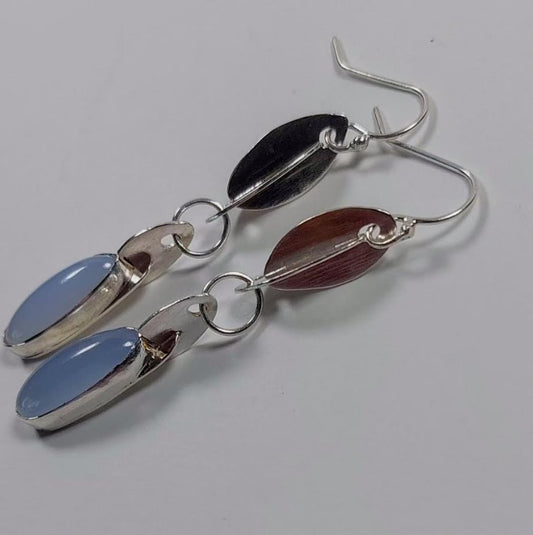Silver Dangles with Long Oval Blue Chalcedony Cabs