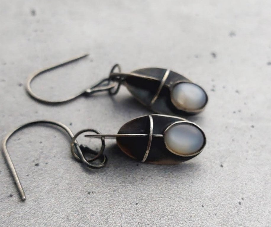Silver Dangles with Oval Moonstones