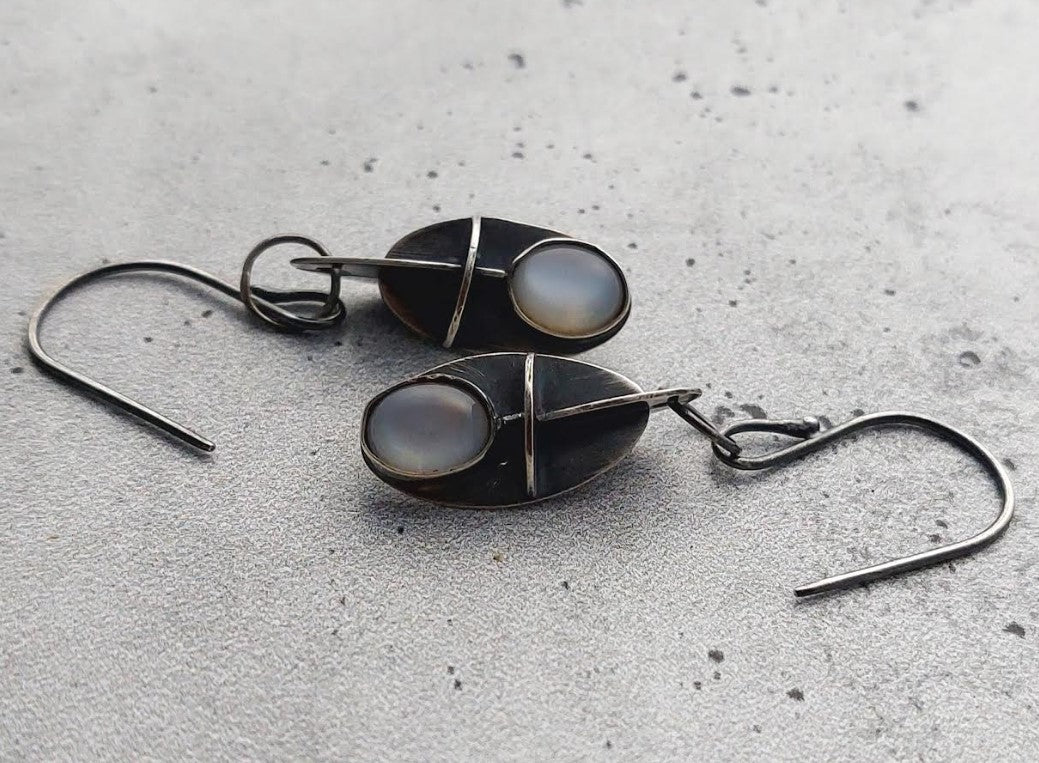 Silver Dangles with Oval Moonstones
