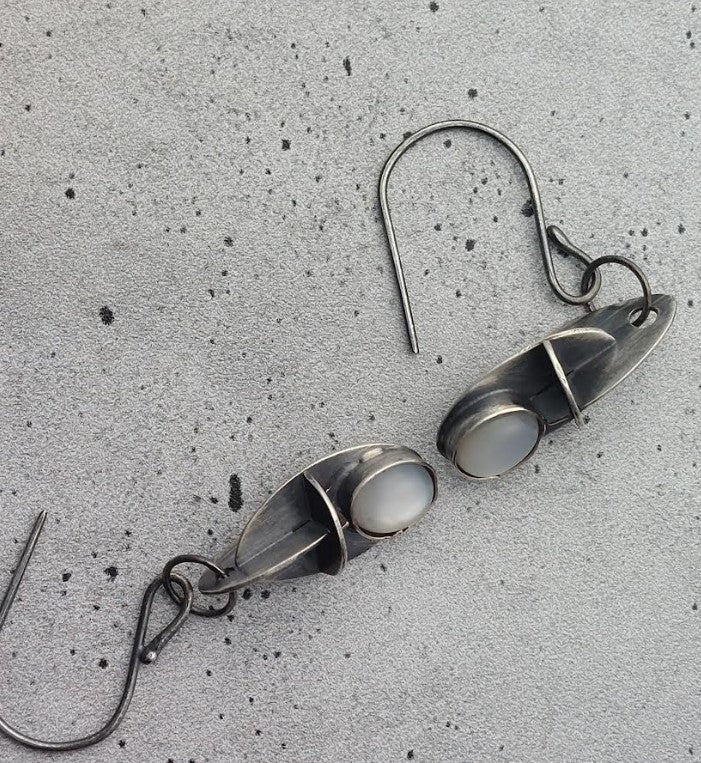 Silver Dangles with Oval Moonstones