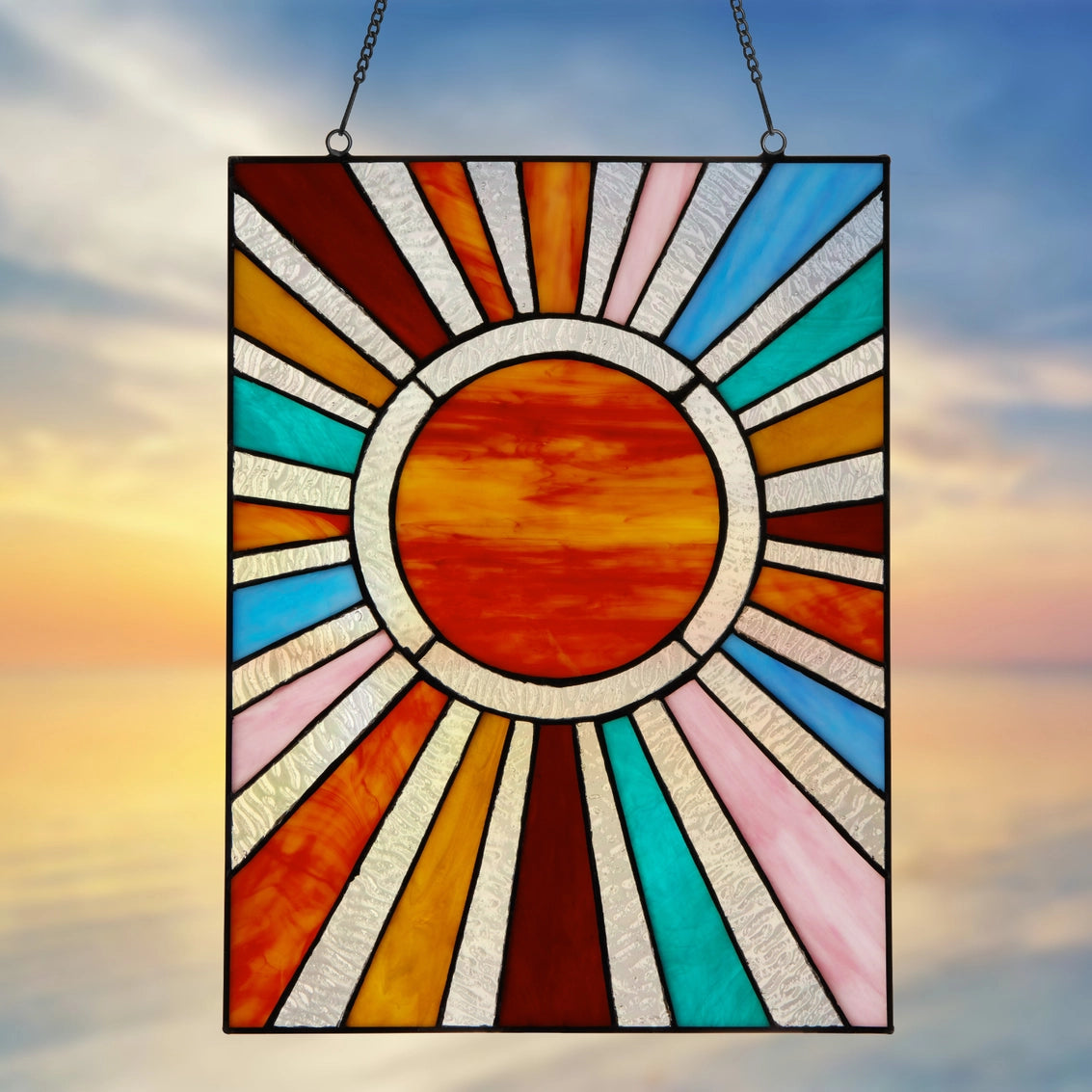 Multicolor Sunburst Stained Glass Window Panel