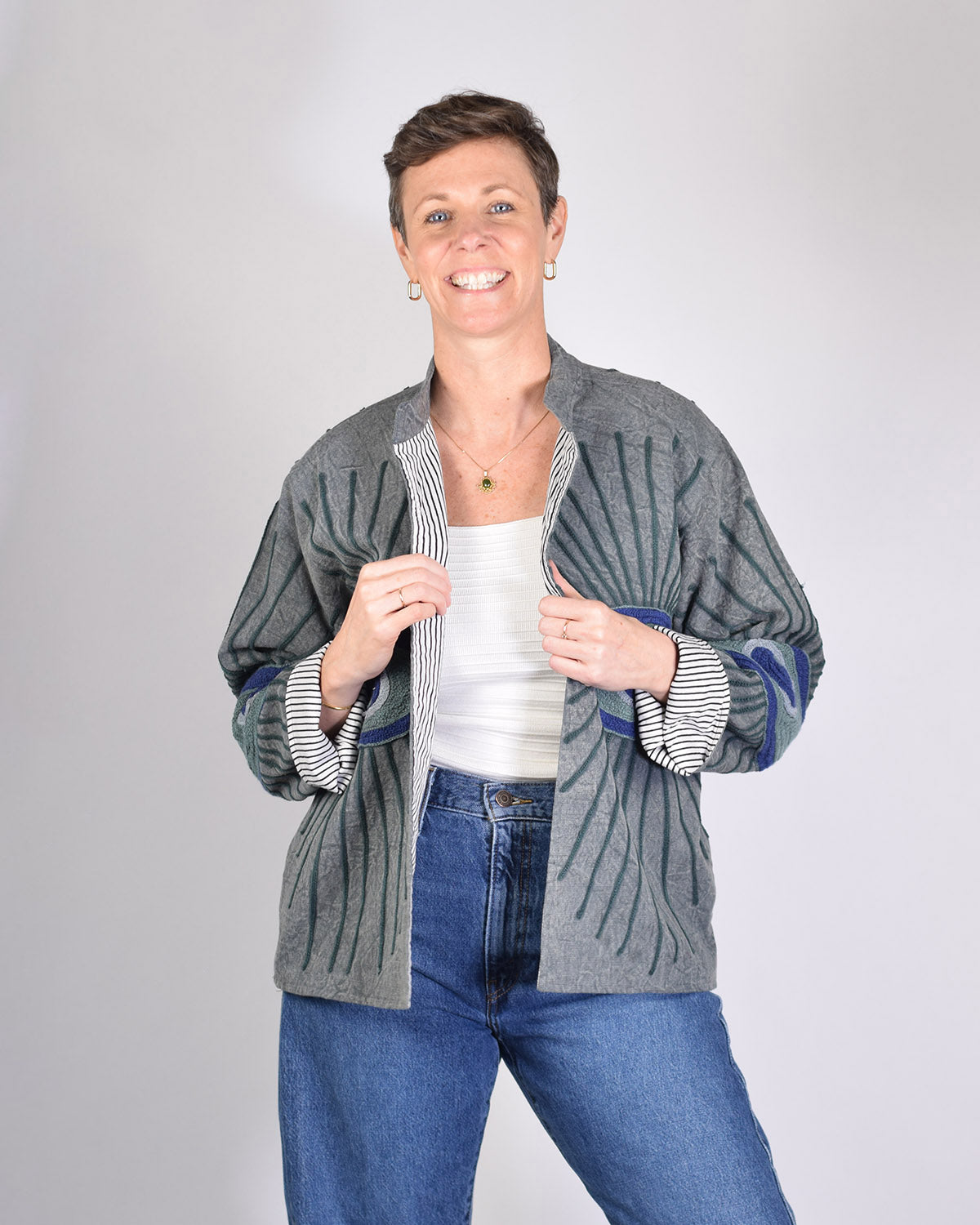 Lightweight Evil Eye Canvas Embroidered Jacket - Grey/Blue
