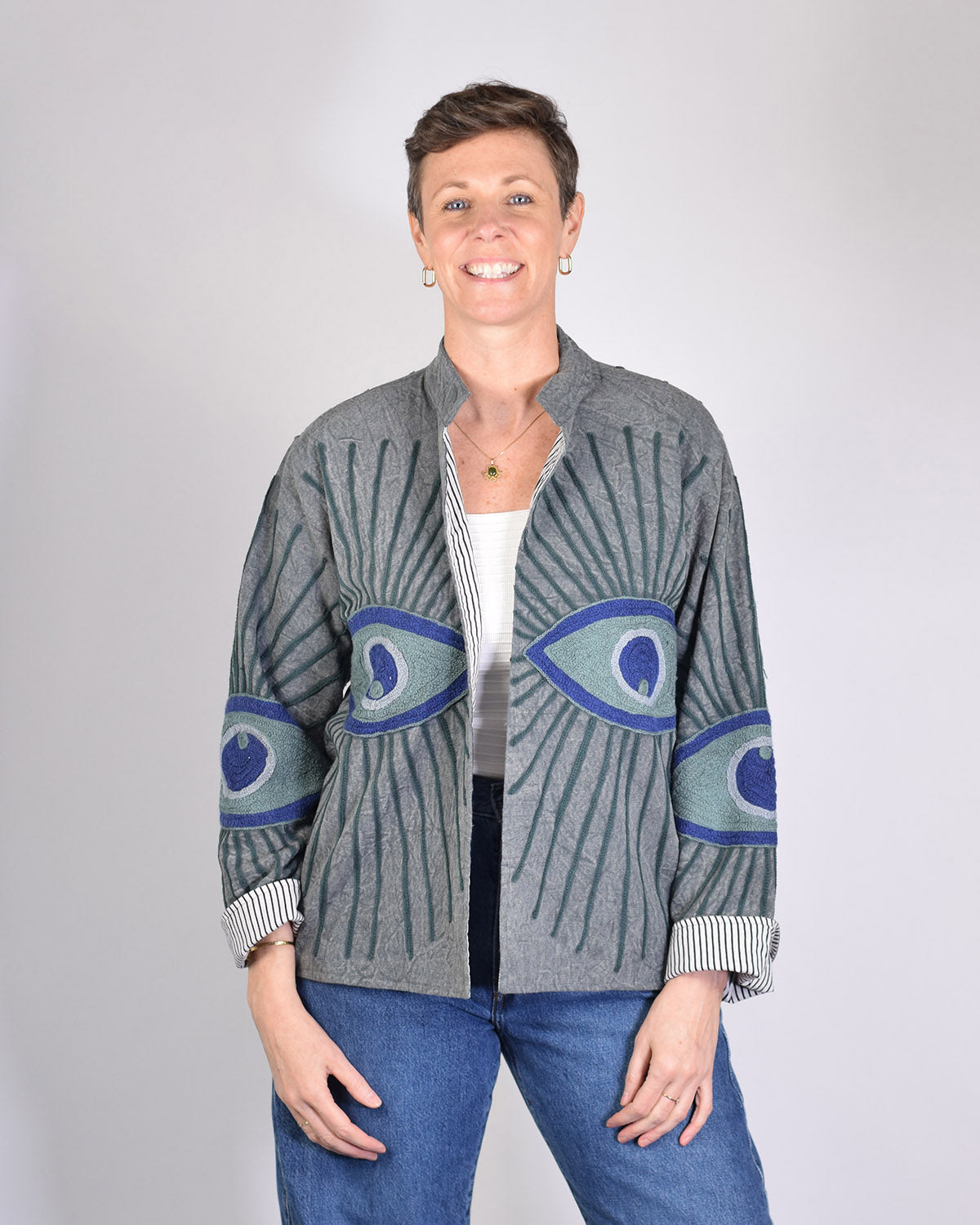 Lightweight Evil Eye Canvas Embroidered Jacket - Grey/Blue