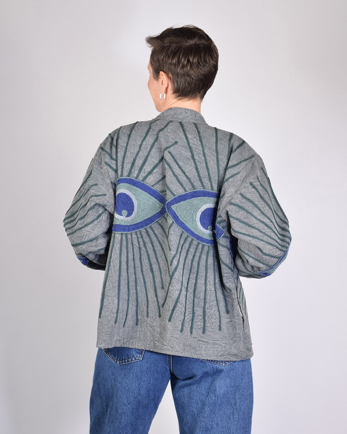 Lightweight Evil Eye Canvas Embroidered Jacket - Grey/Blue