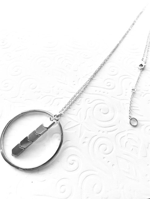 Silver Circular Pendant Necklace / Hematite Beads