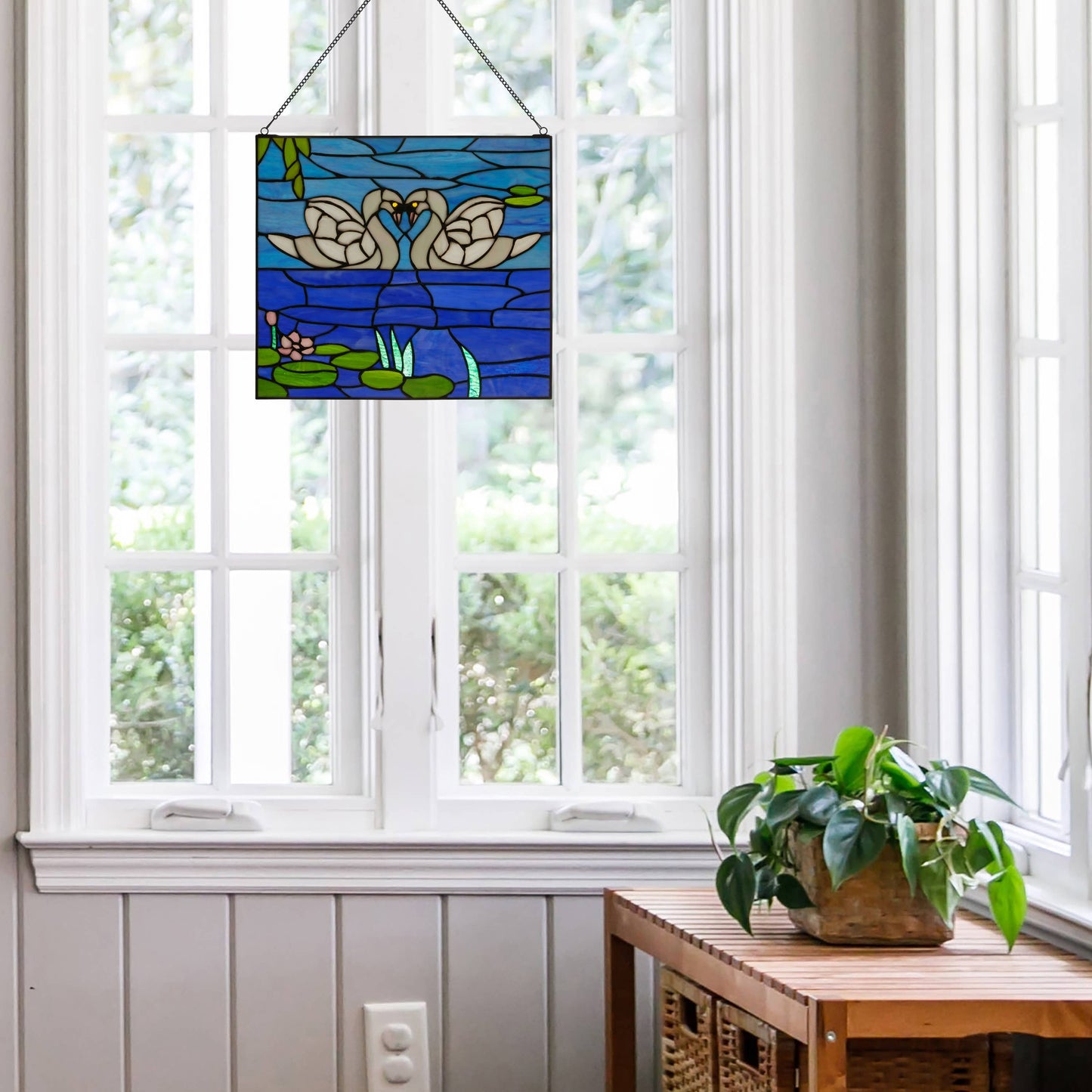 14"H Romantic White Swans Stained Glass Window Panel